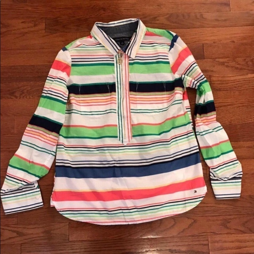 TOMMY HILFIGER STRIPE COLOR BLOCK BLOUSE MEDIUM